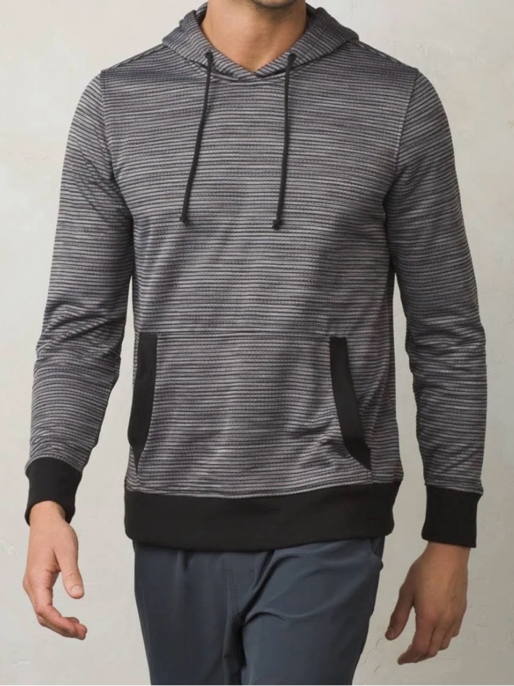 PRANA Gatten Hoodie Grid Fleece Gray Black Striped Pullover‎ Sz L